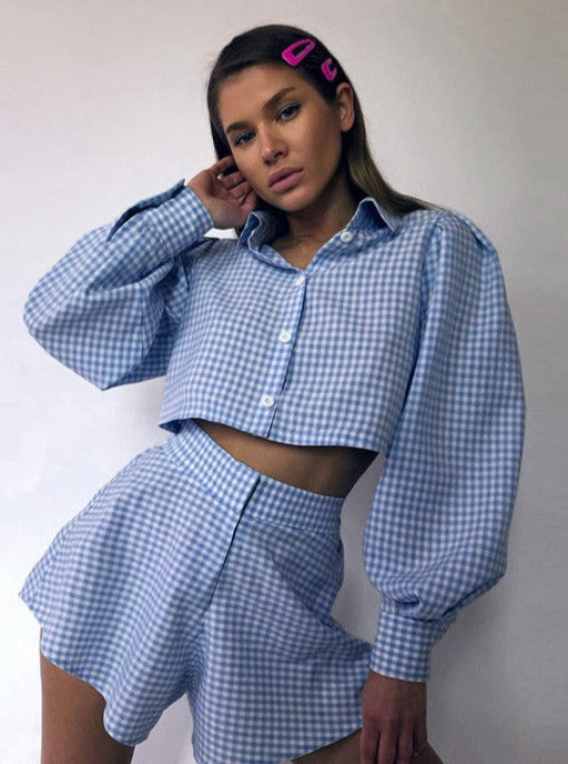 Two Piece Long-Sleeve Plaid Crop Shirt High Waist Mini A-Line Shorts Set