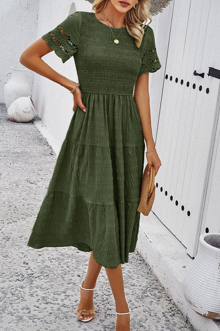 Deep Green Casual Solid Crochet Lace Sleeve A-Line Midi Dress