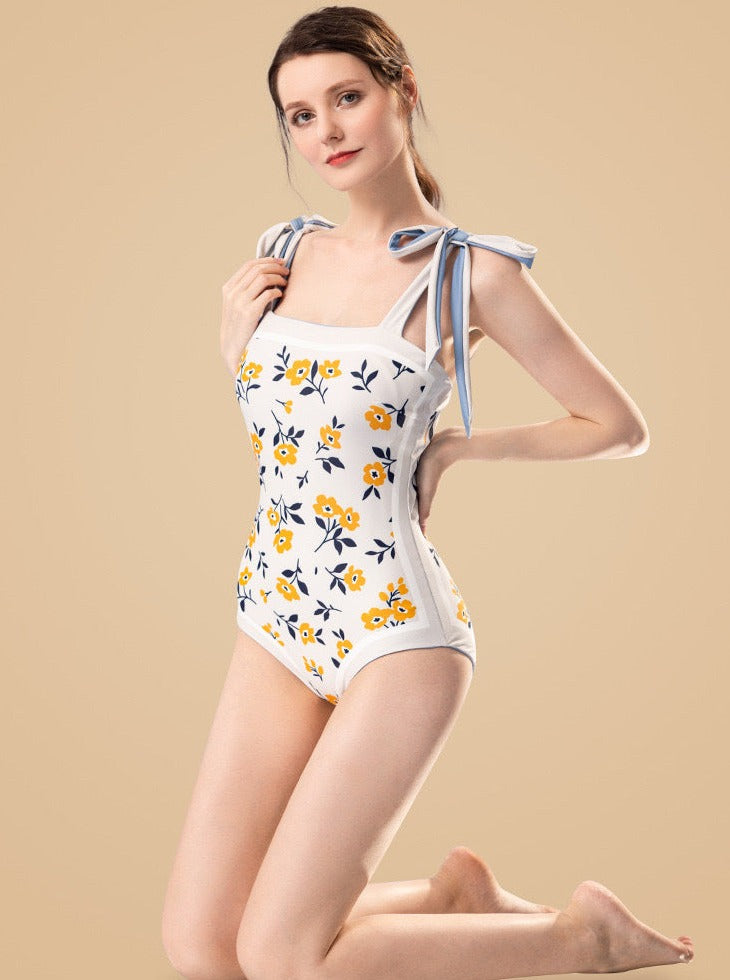 Blue Floral Printed Ribbon Shouldered Swimsuit