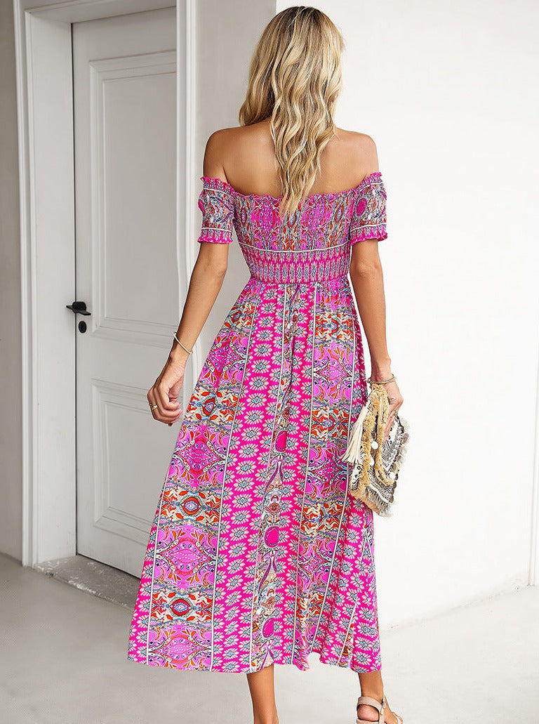 Pink Off Shoulder Bohemian Printed Dress