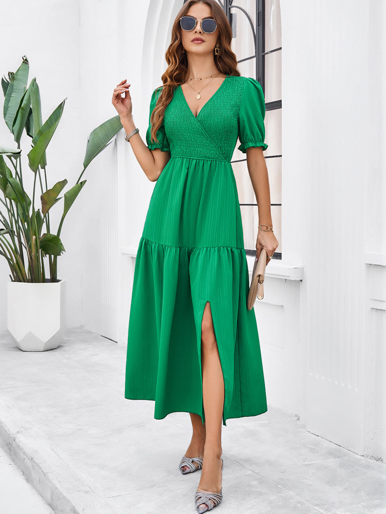 Green V-Neck Short Sleeved Long Dress