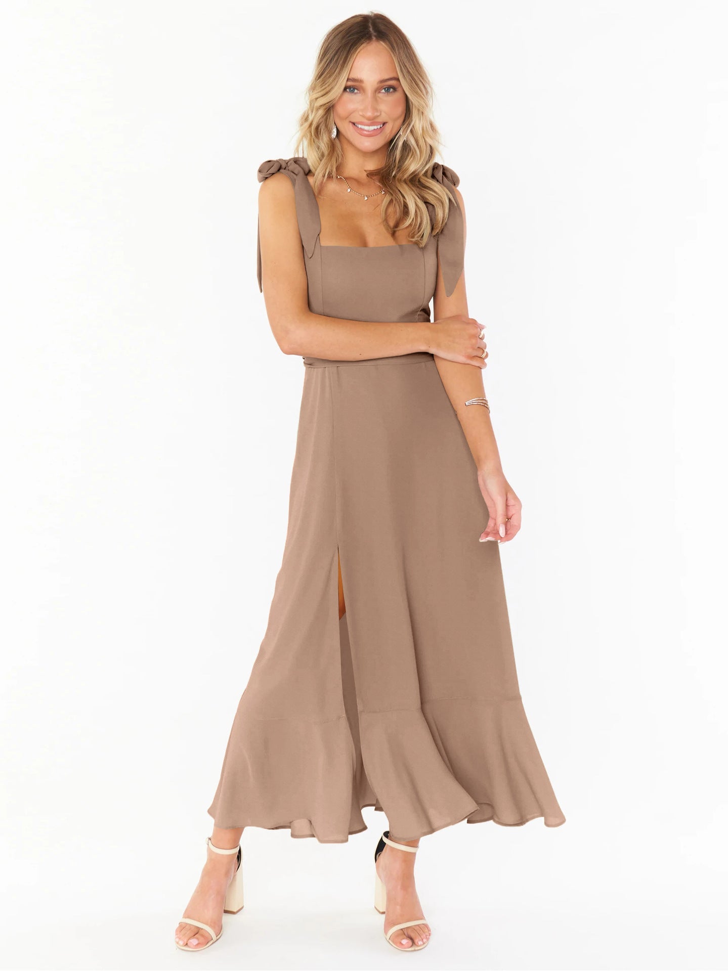 Elegant Solid Color Square Neck Midi Dress