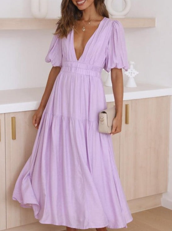 Solid Color Fluff Sleeve V-Neck Pleated Dress