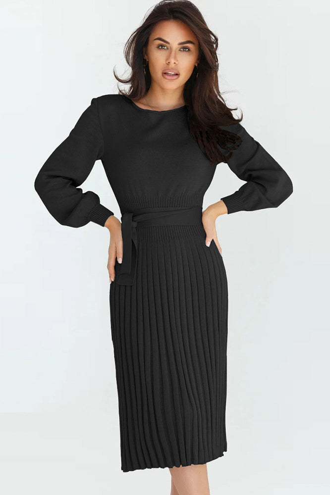 Balloon Sleeves Ribbed Knit Pleated Dress