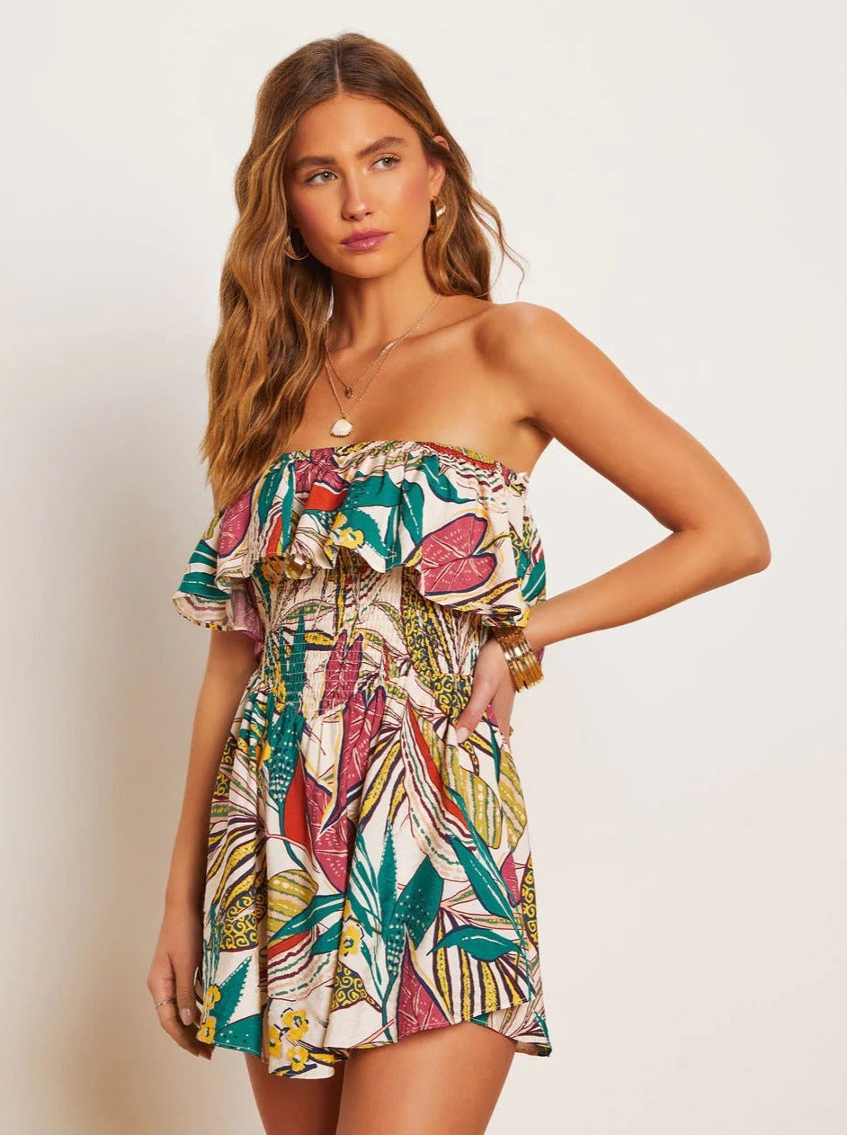 Green Strapless Tropical Printed Tube Top Dress