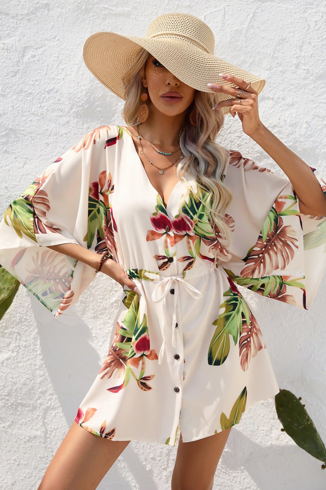 Tropical Apricot Printed Half Sleeve Mini Dress