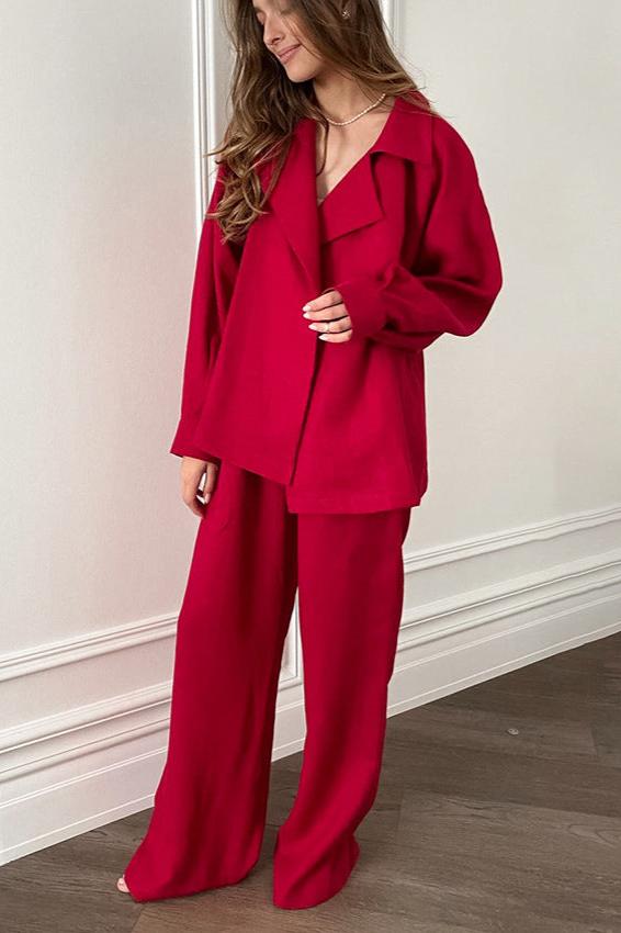 Trendy Solid Long Sleeve Wrap Around Blouse and Pants Set