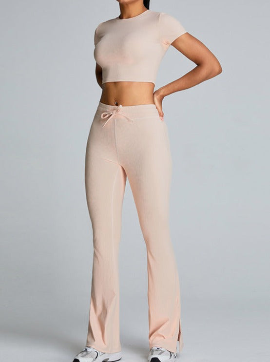 Pink Slit-Flared Butt-Lifting Drawstring Fitness Pants