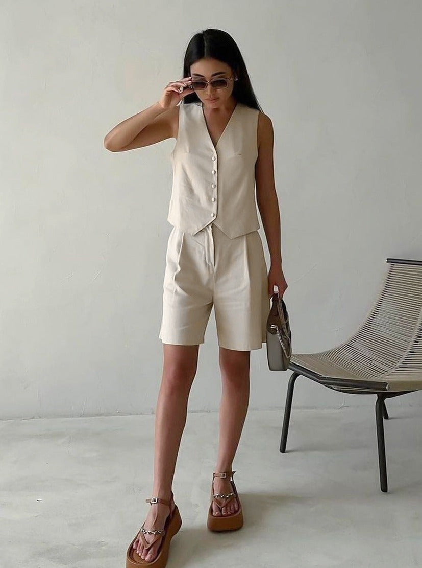 Temperament Solid Color Sleeveless High-Waist Casual Suit