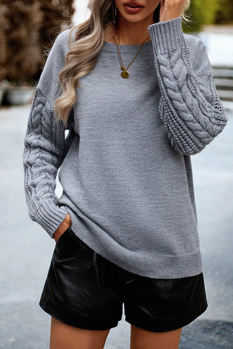 Grey Round Neck Long Sleeve Sweater