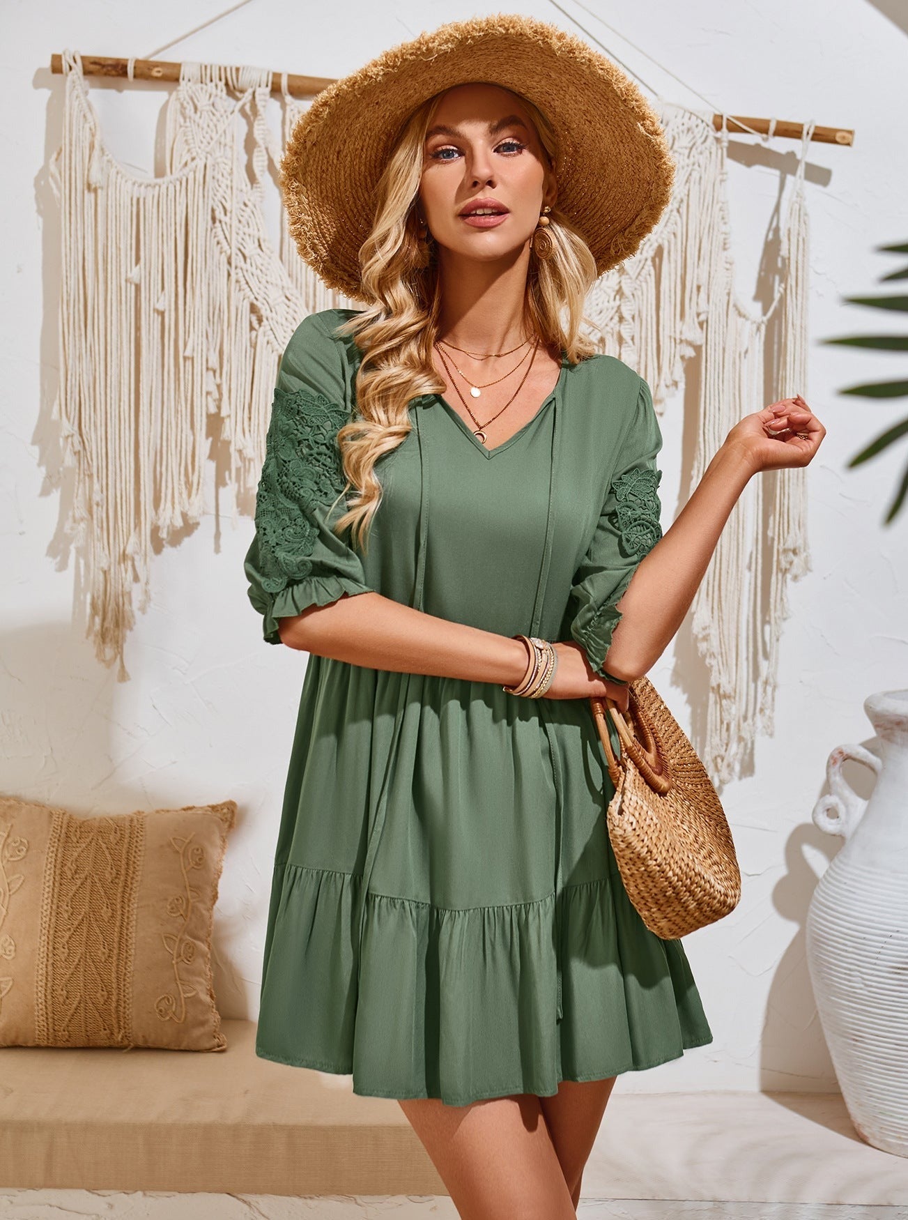 Casual Crochet Lace Ruffle Sleeve Mini Dress