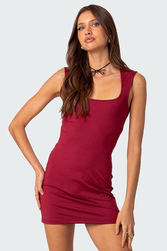 Solid Red Square Neck Dress