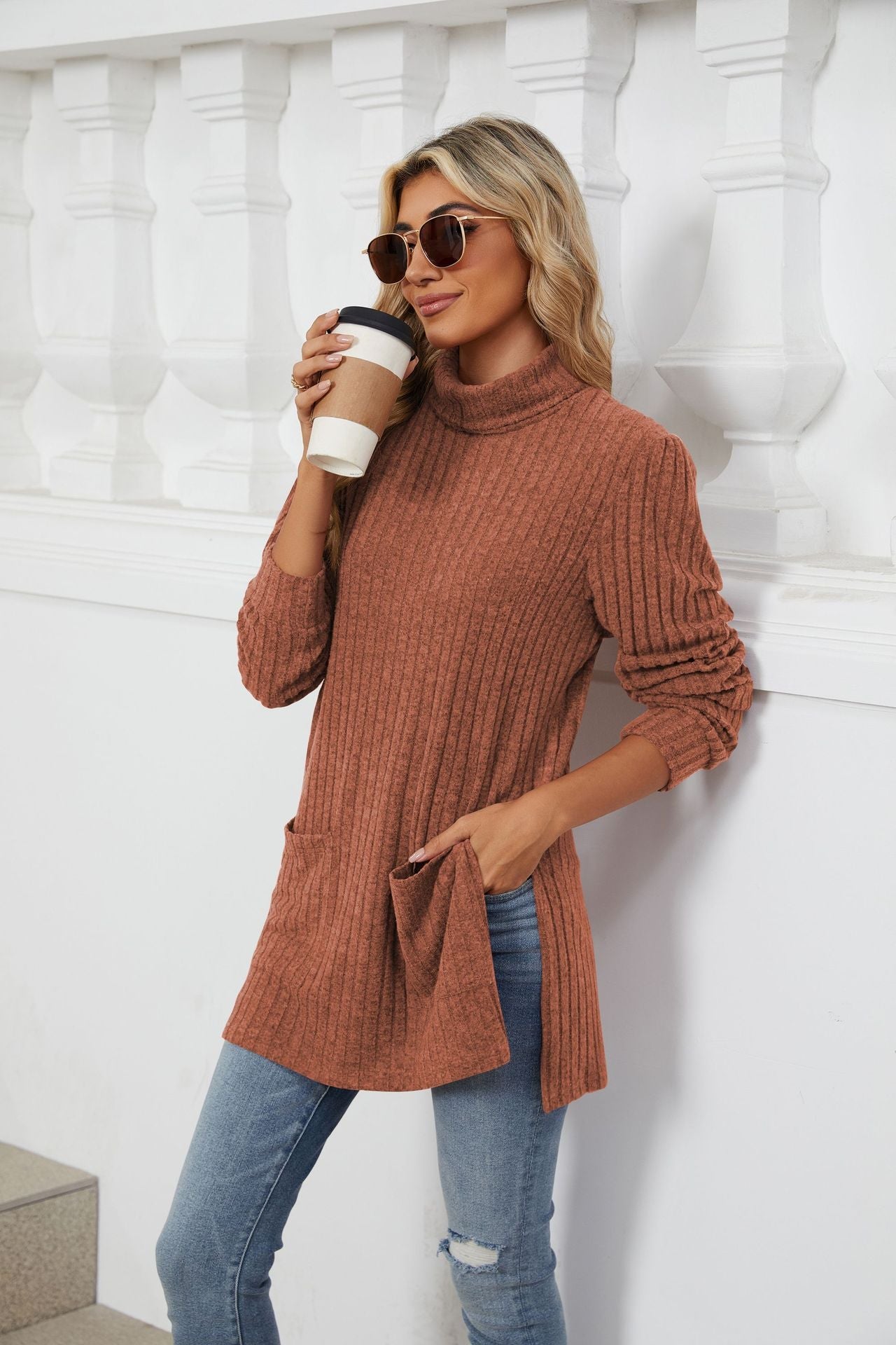 High Collar Long Sleeve Long T-Shirt