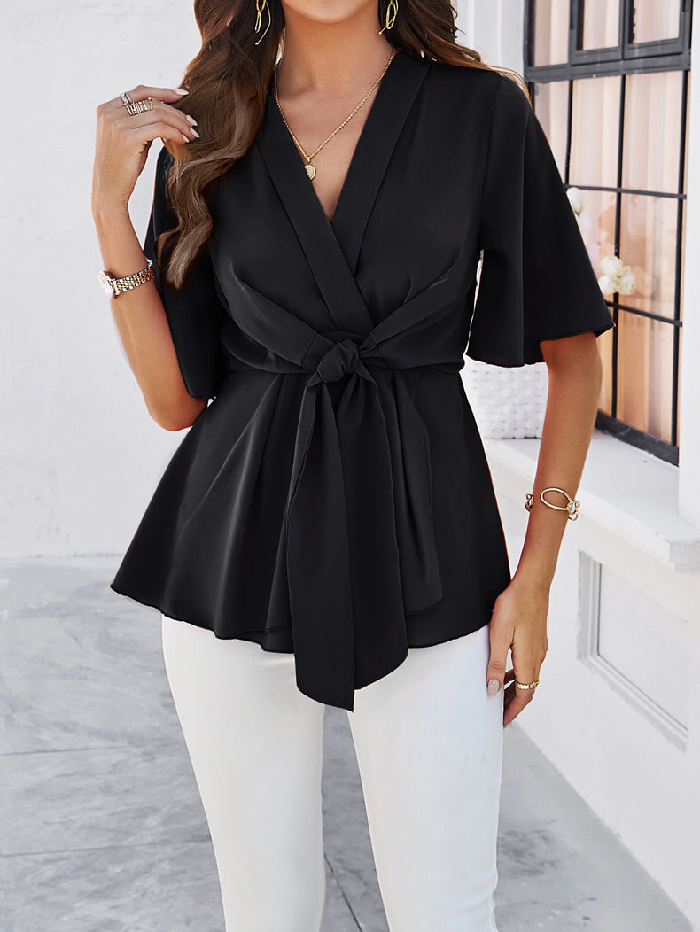 Black Plain V-Neck Ribbon Tie Blouse