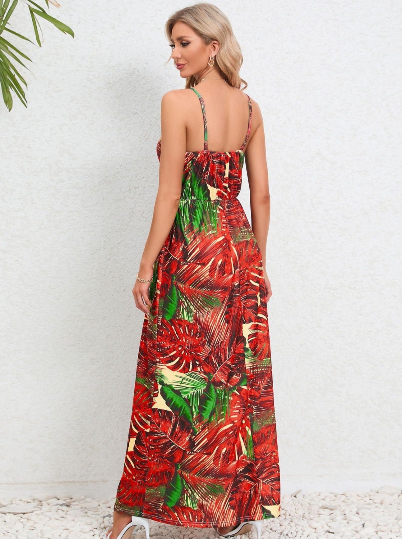 Red Green Tropical Printed Long Dress