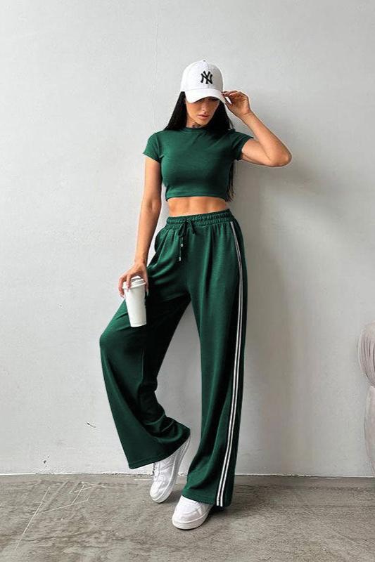 Sporty Short Sleeve Crop Top and Pants Set