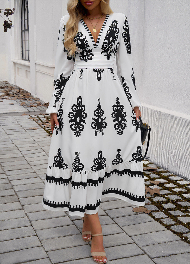 Chic Ethnic Print V-Neck Midi Dress