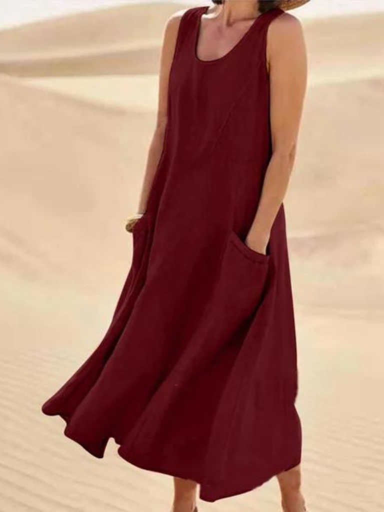 Leinenkleid Sommer, Ärmelloses Maxikleid mit Taschen, Lässig 