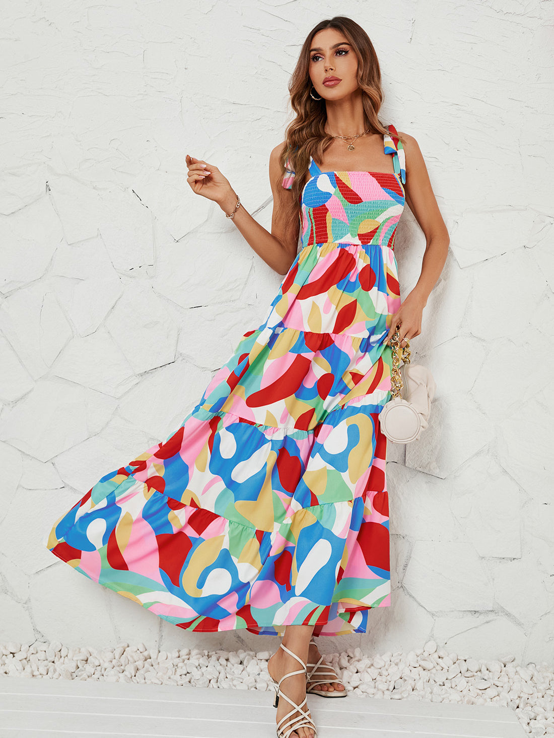 Casual Colorful Ribbon Shoulder Maxi Dress