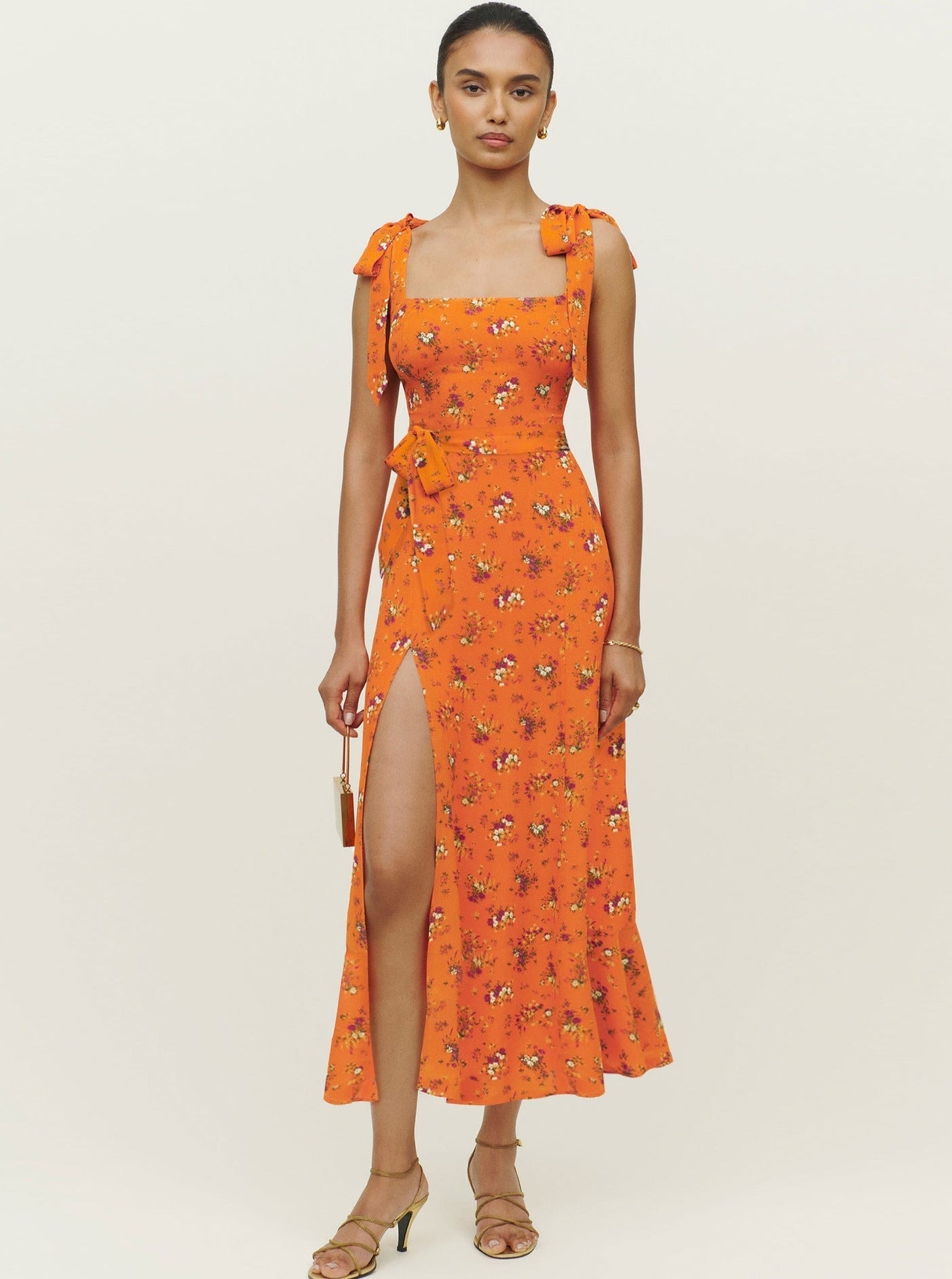 Orange Square Neck Sleeveless With Belt Elegant Dress