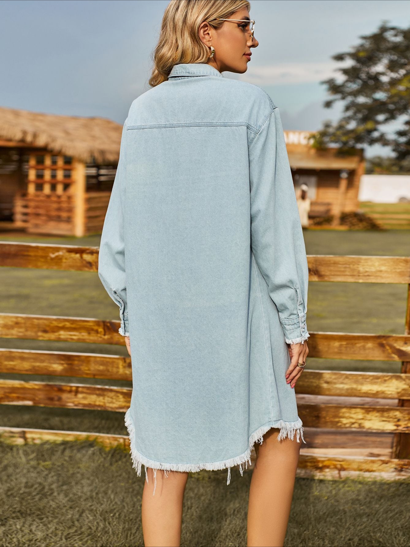 Fringed Hem Denim Shirt Dress