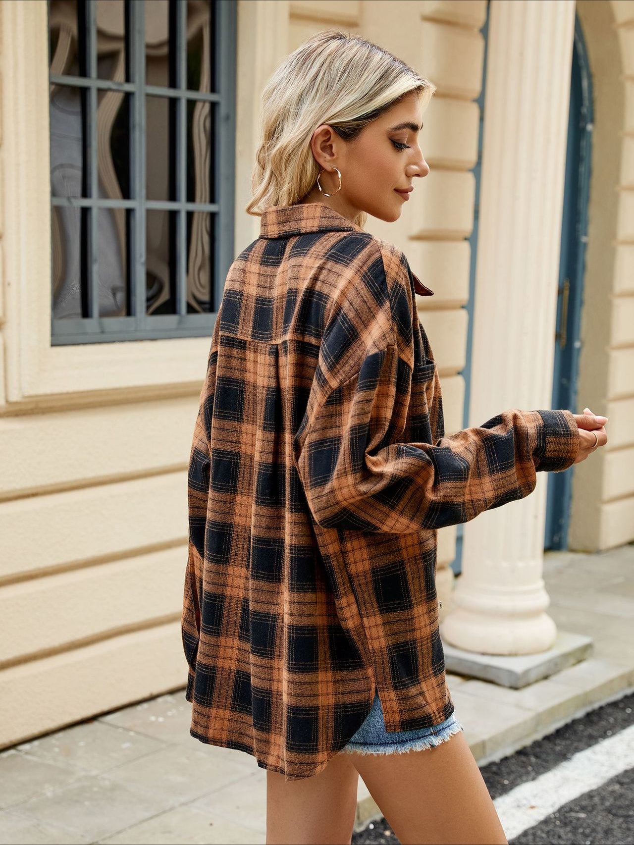 Long Sleeve Pocketed Oversized Plaid Shirt