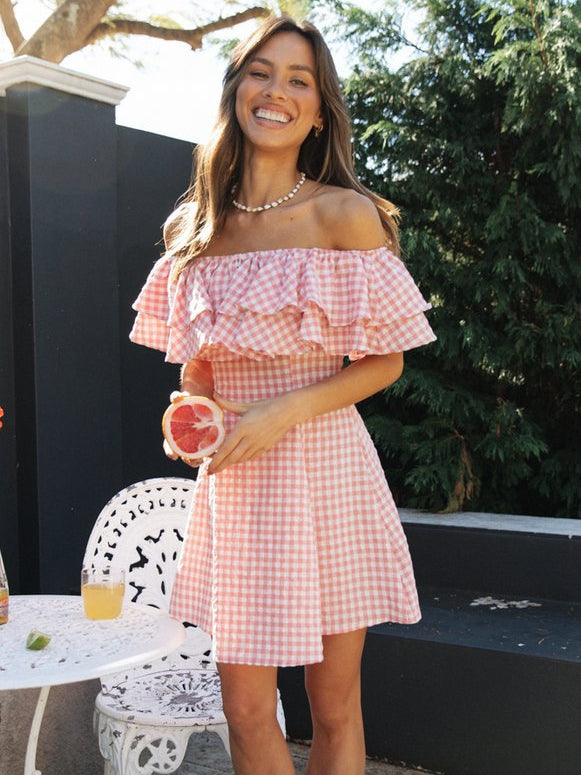 Plaid Off Shoulder Leaf Collar Dress