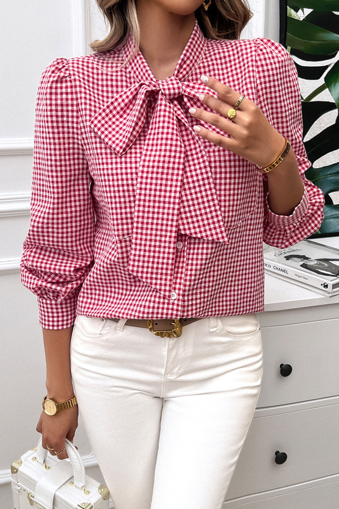 Gingham Blouse with Bow Tie Collar